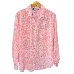 Natalie Vintage Pink Retro Abstract Eclectic Sheer Long Sleeve Button Up Size 16